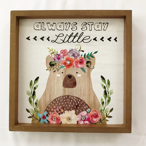 Other - Wooden "Always Stay Little" Bear Floral & Rhinestone Painting